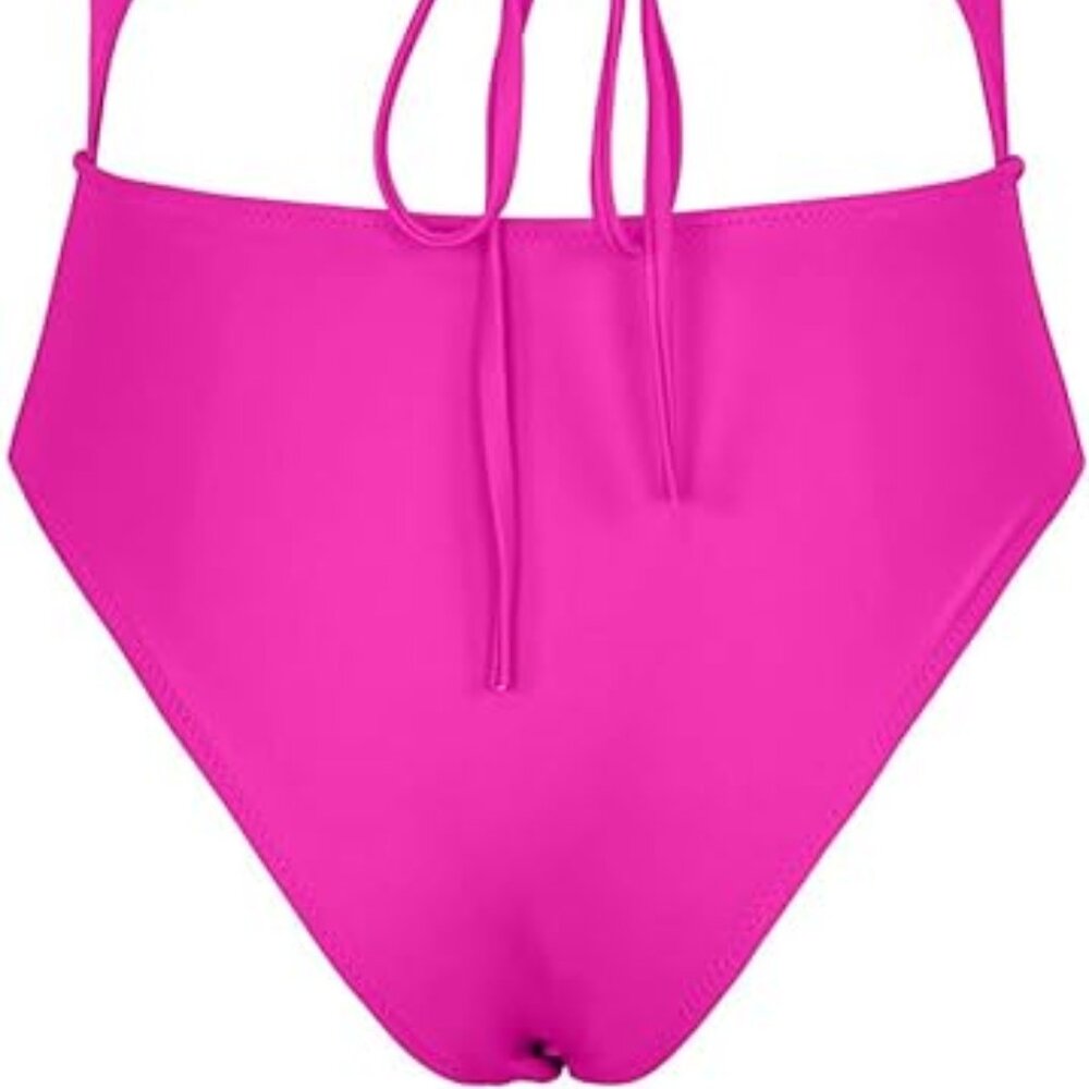 Meyeeka Women's Pink Scoop Neck Lace Up Back High Cut One Piece Swimsuit Small - Picture 12 of 12